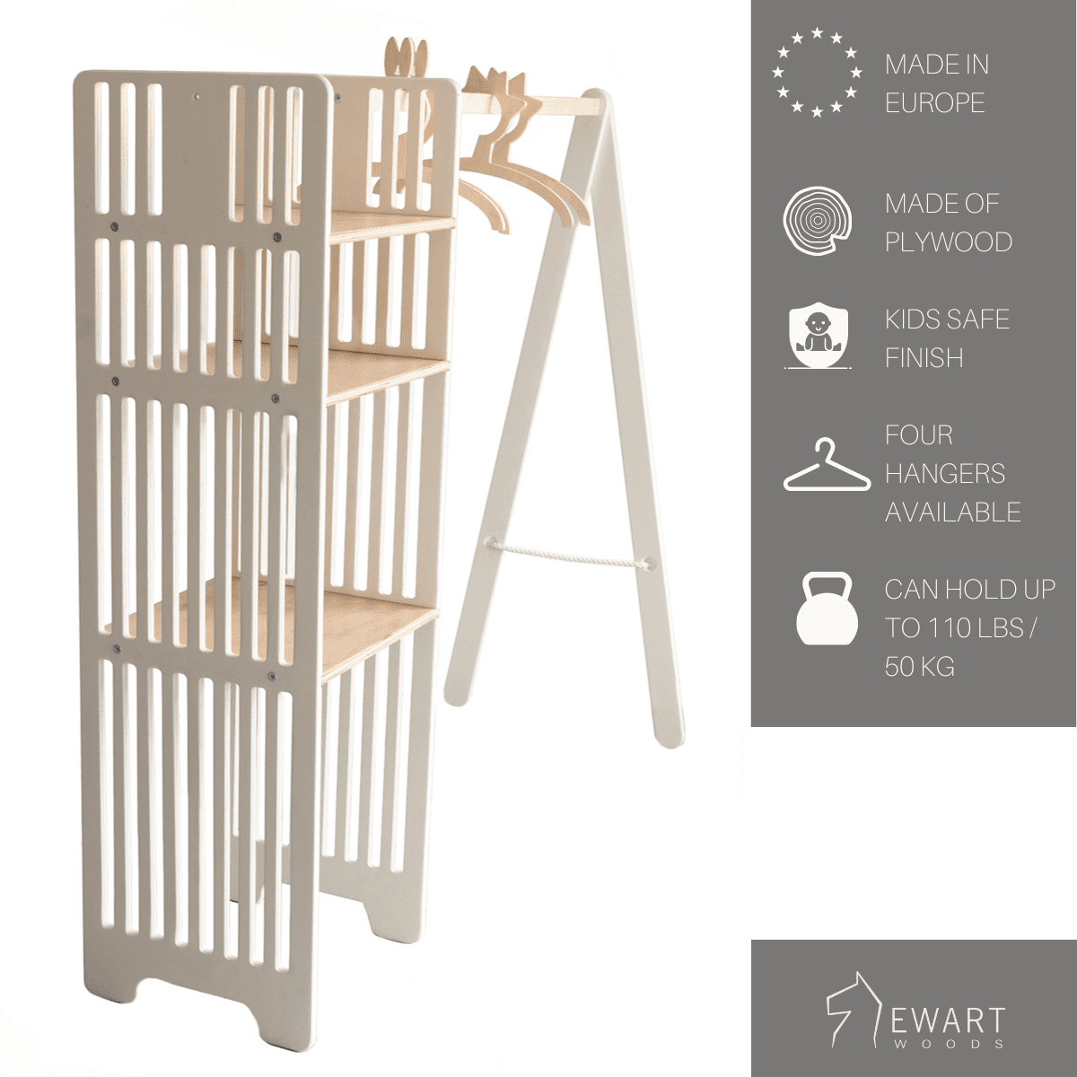 Kinder-Kleiderständer Montessori – Holz-Garderobe mit Ablagefach für Kinderzimmer – Produktbild 3