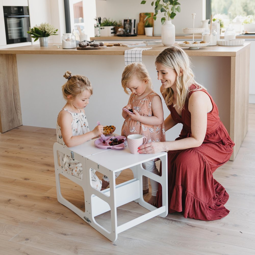 Montessori Lernturm 2-in-1 aus Holz – klappbarer Küchenturm mit Tisch & Stuhl – Produktbild 1