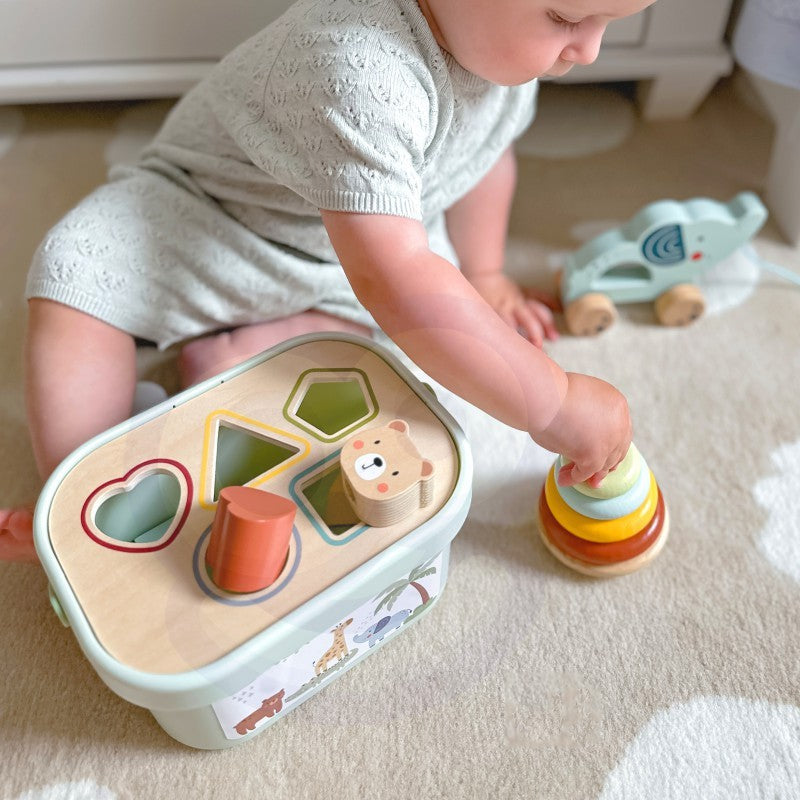 Montessori Motorikspielzeug 3in1 aus Holz – Sortierbox, Stapelpyramide & Nachziehelefant ab 12 Monaten – Produktbild 1
