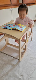 STEP’n’SIT 2in1 Lernturm Naturholz – Montessori Küchenhelfer & Kindertisch aus Birkensperrholz – Produktbild 2