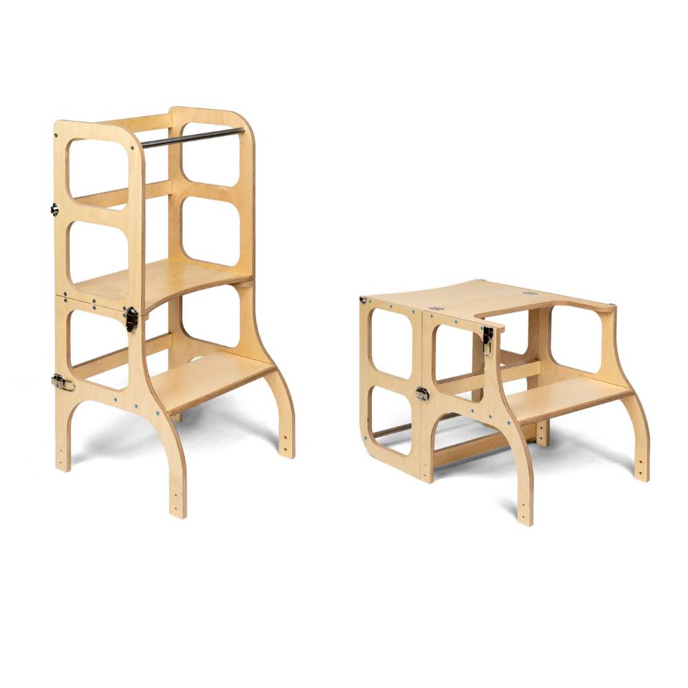 STEP’n’SIT 2in1 Lernturm Naturholz – Montessori Küchenhelfer & Kindertisch aus Birkensperrholz – Produktbild 3