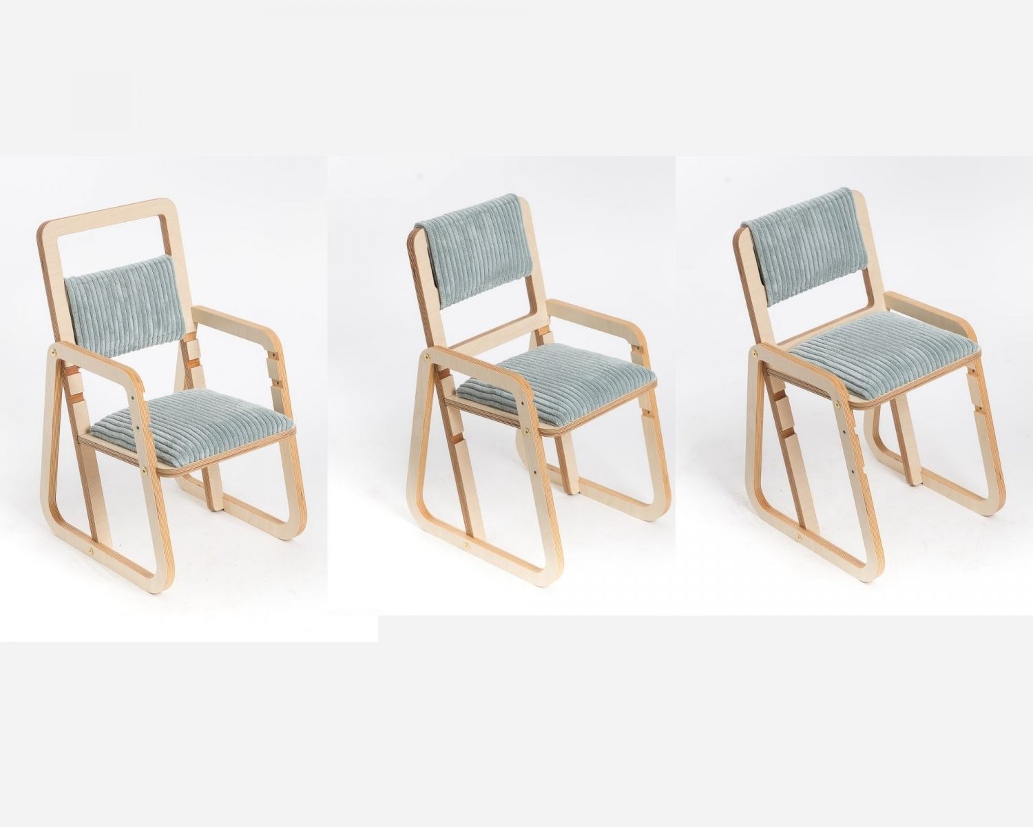 Luula Julle Mitwachsender Kinderstuhl aus Birke – Höhenverstellbarer ergonomischer Stuhl mit Samtpolster Mintgrün – Produktbild 4