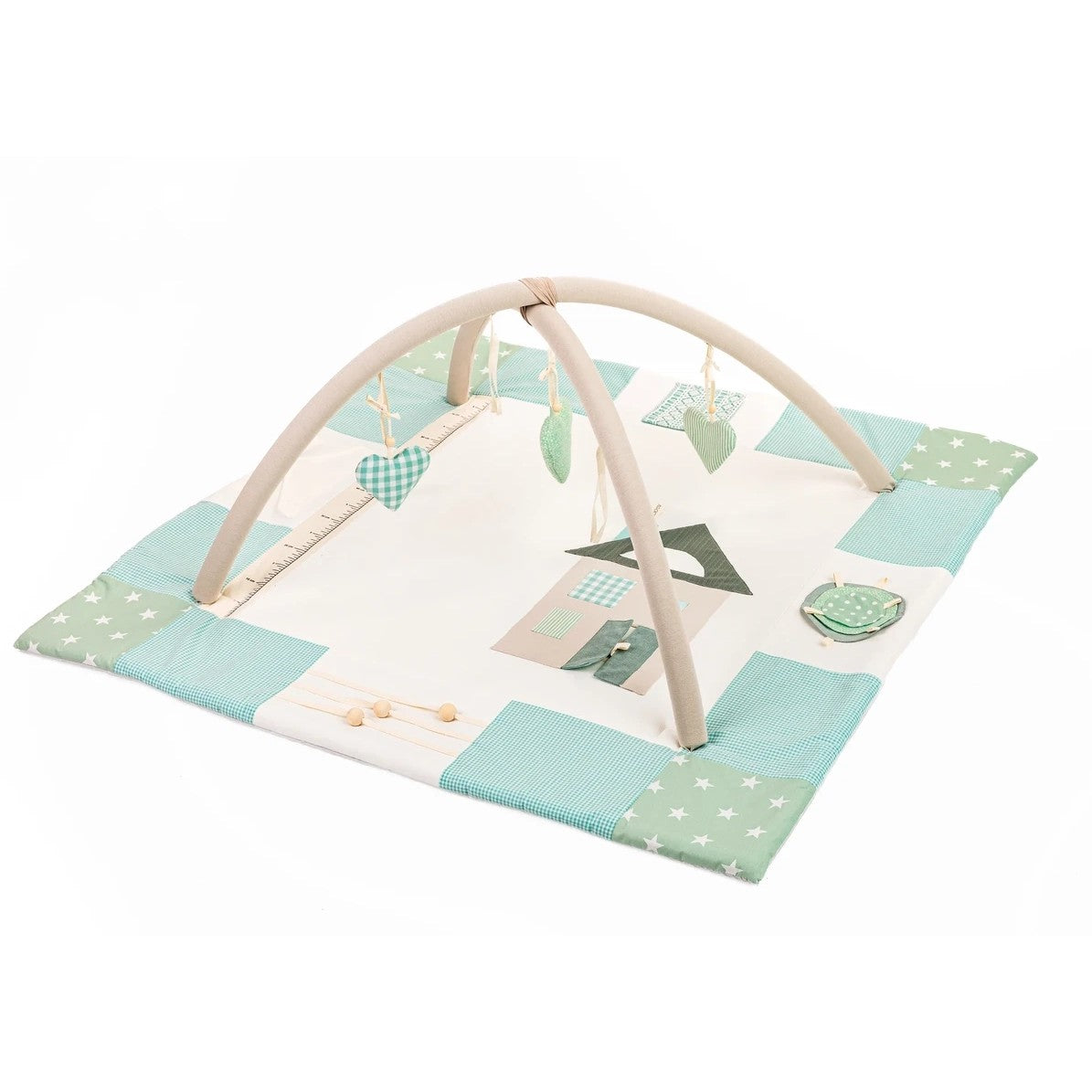 Baby-Spielmatte Mintgrün 120x120 cm – Aktivitäts-Spielmatte mit Spielbogen aus Bio-Baumwolle