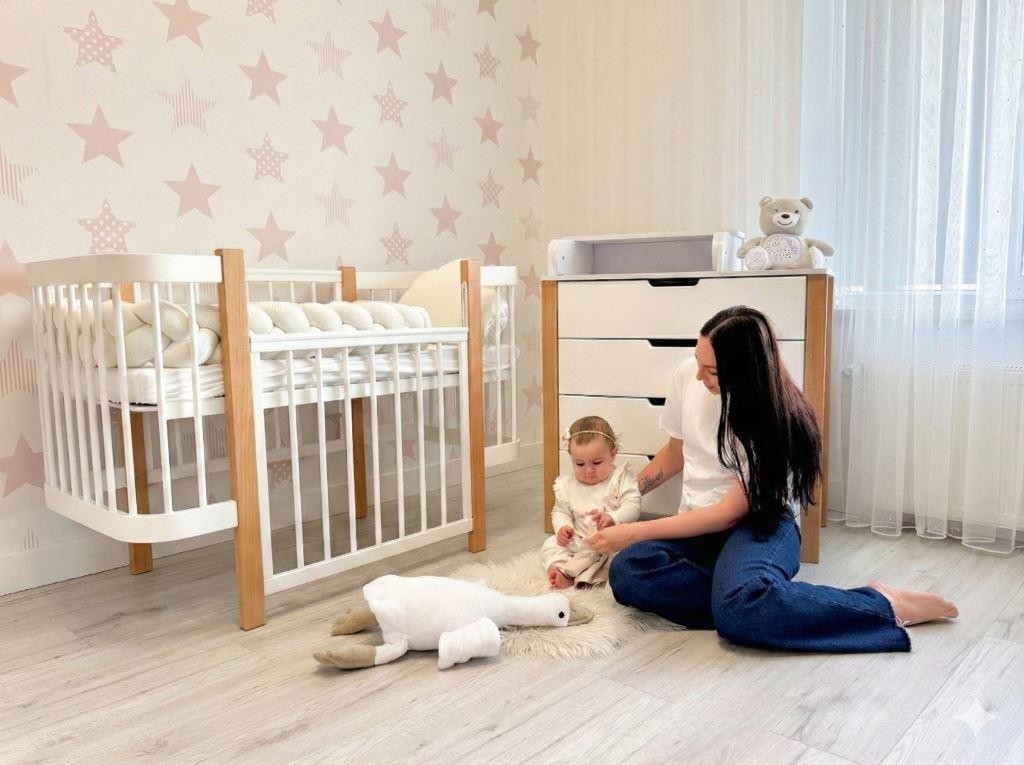 Babybett ELIN Natur-Weiß – Mitwachsendes Beistellbett aus Buchenholz 120 x 60 cm – Produktbild 1