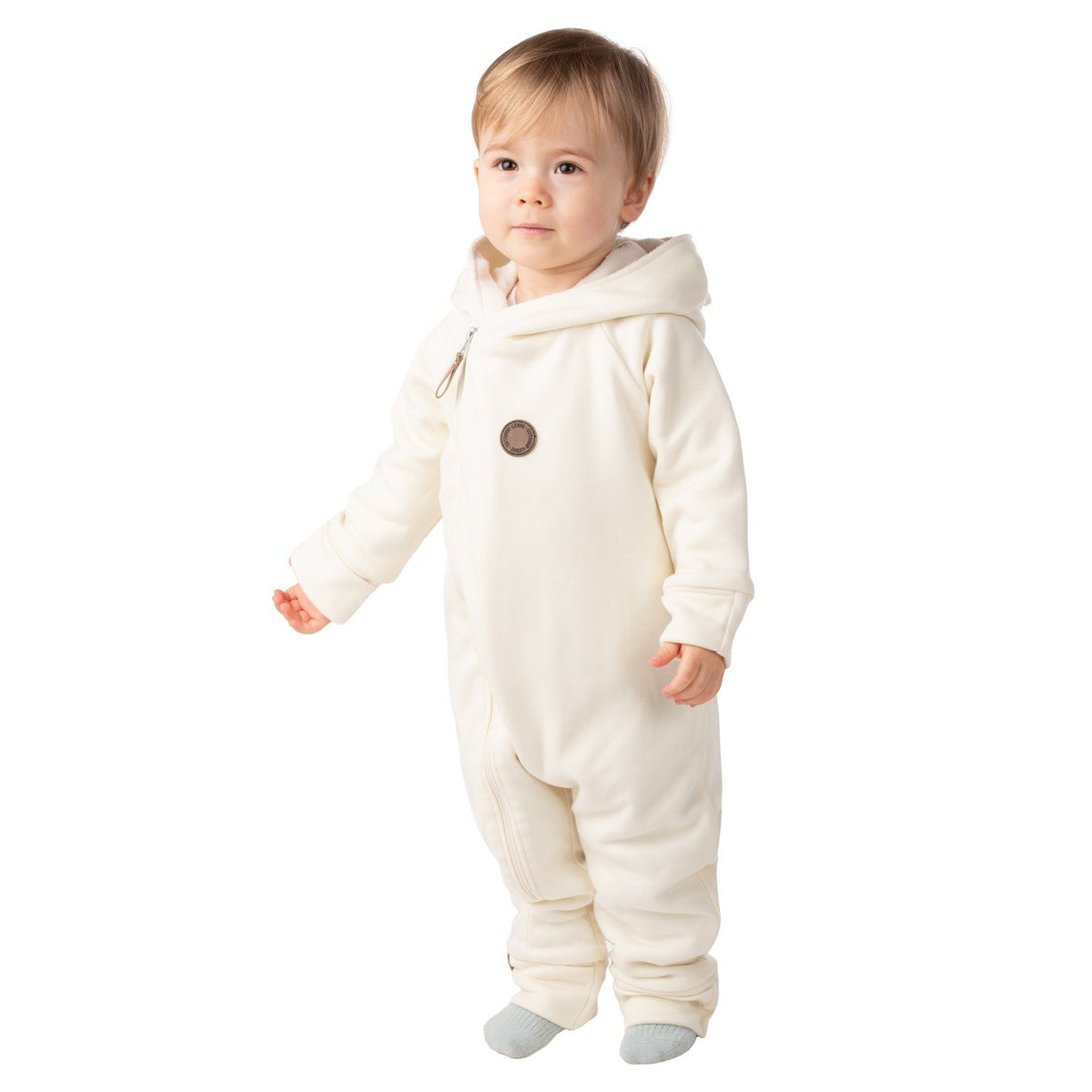Bear-Ear Cotton-Lined Merino Wool Baby Overall – White