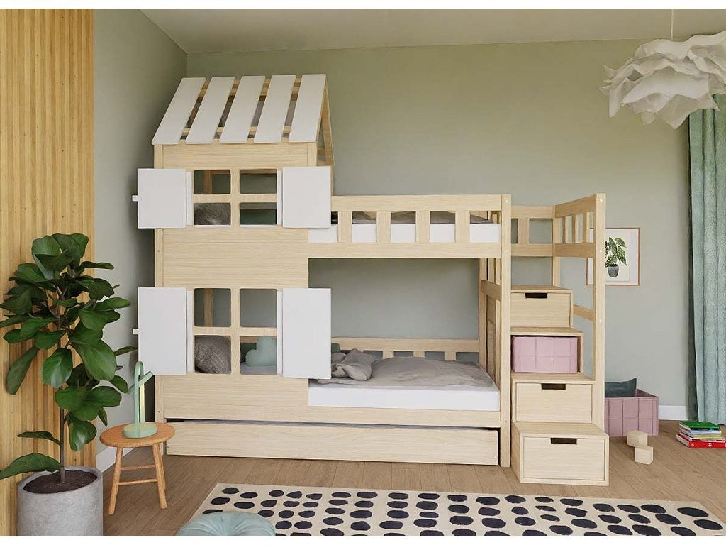 COTTAGE Bunk Bed with Half Roof and Storage Stairs – 90 × 200 cm