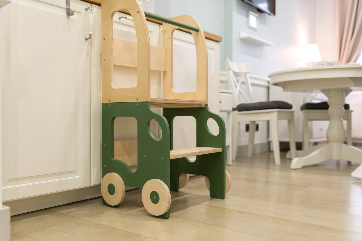 2-in-1 Lernturm Auto – Montessori Küchenhelfer mit Tisch & Stuhl – Produktbild 2