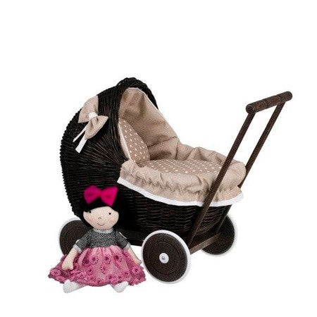 Dark Painted Wicker Doll Pram – Beige Bedding
