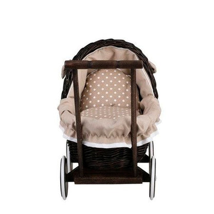 Dark Painted Wicker Doll Pram – Beige Bedding