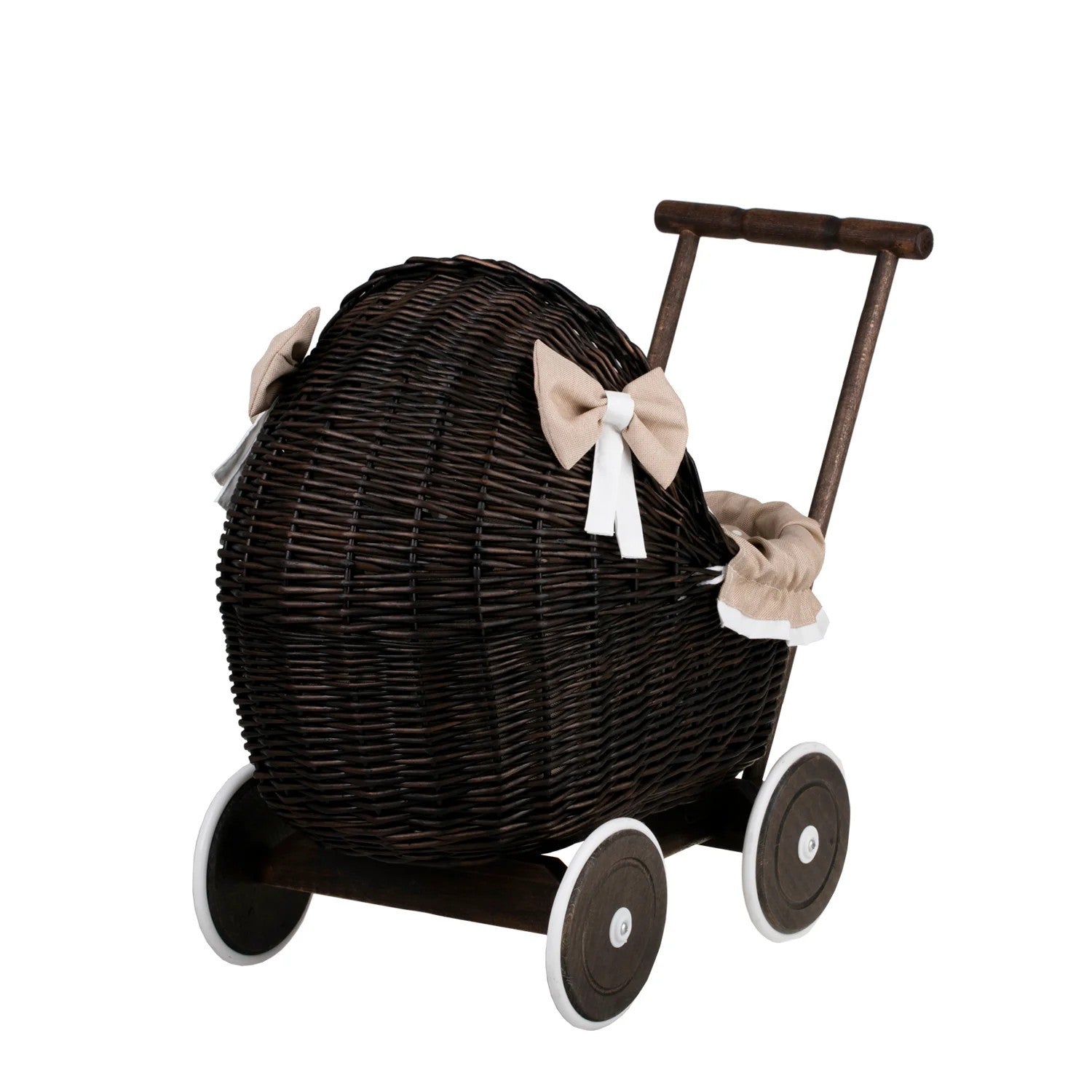 Handgefertigter Puppenwagen „Lili“ aus dunkler Weide – Nostalgie Holzwagen & Puppenbuggy inkl. beiger Bettwäsche – Produktbild 4