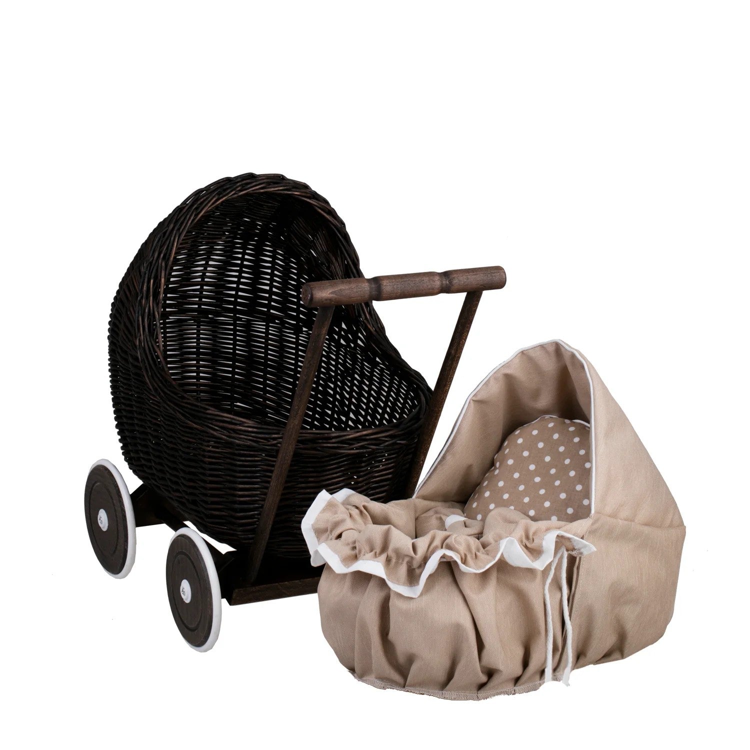 Handgefertigter Puppenwagen „Lili“ aus dunkler Weide – Nostalgie Holzwagen & Puppenbuggy inkl. beiger Bettwäsche – Produktbild 2
