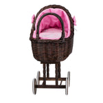 Exklusiver Weiden Puppenwagen „Lena“ Dunkle Weide – Nostalgie Holzwagen & Puppenbuggy inkl. rosa Bettset (60 cm) – Produktbild 2