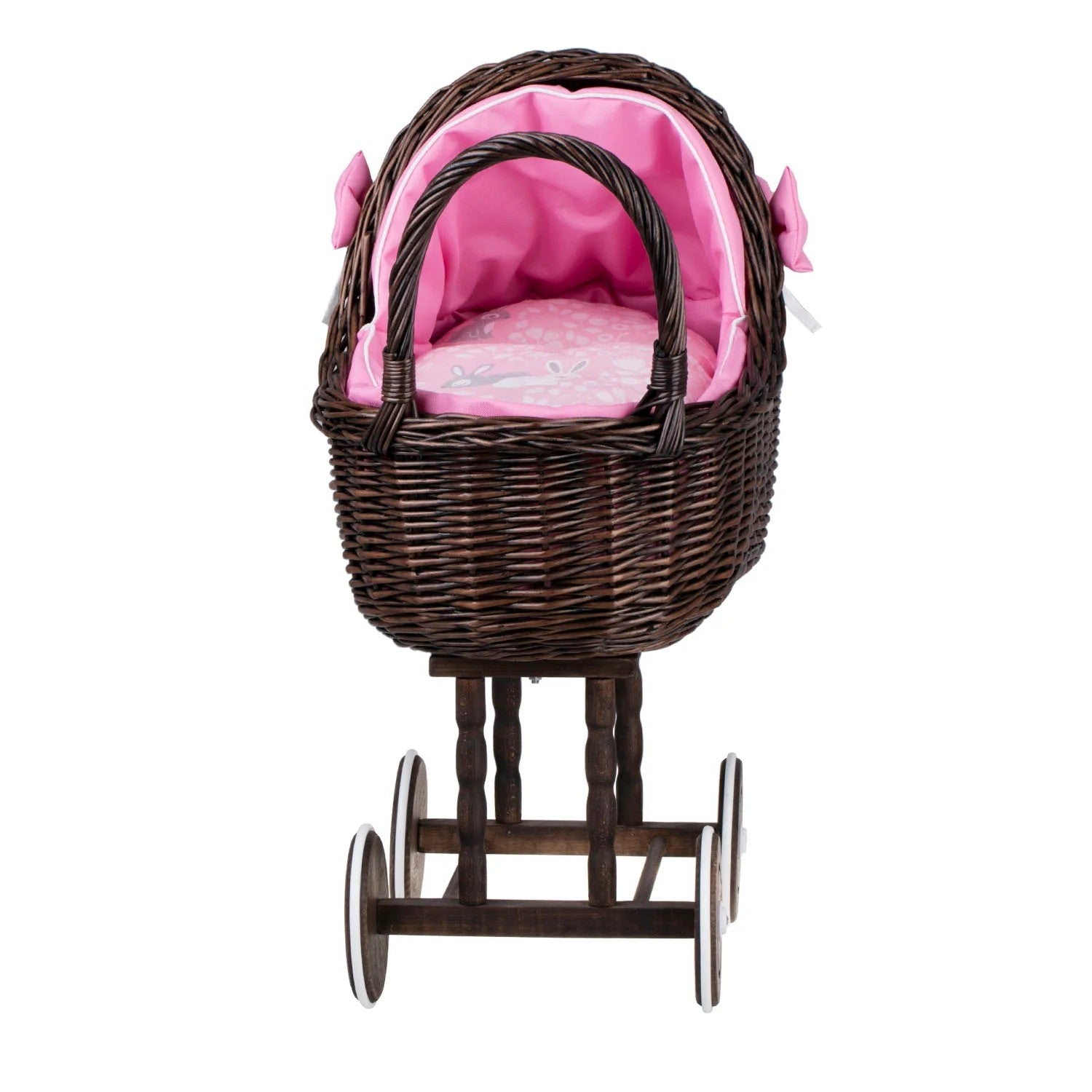 Exklusiver Weiden Puppenwagen „Lena“ Dunkle Weide – Nostalgie Holzwagen & Puppenbuggy inkl. rosa Bettset (60 cm) – Produktbild 2