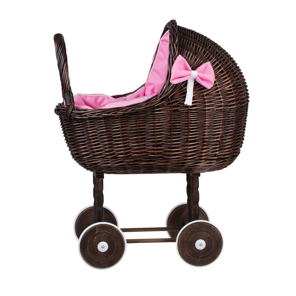 Exklusiver Weiden Puppenwagen „Lena“ Dunkle Weide – Nostalgie Holzwagen & Puppenbuggy inkl. rosa Bettset (60 cm) – Produktbild 3