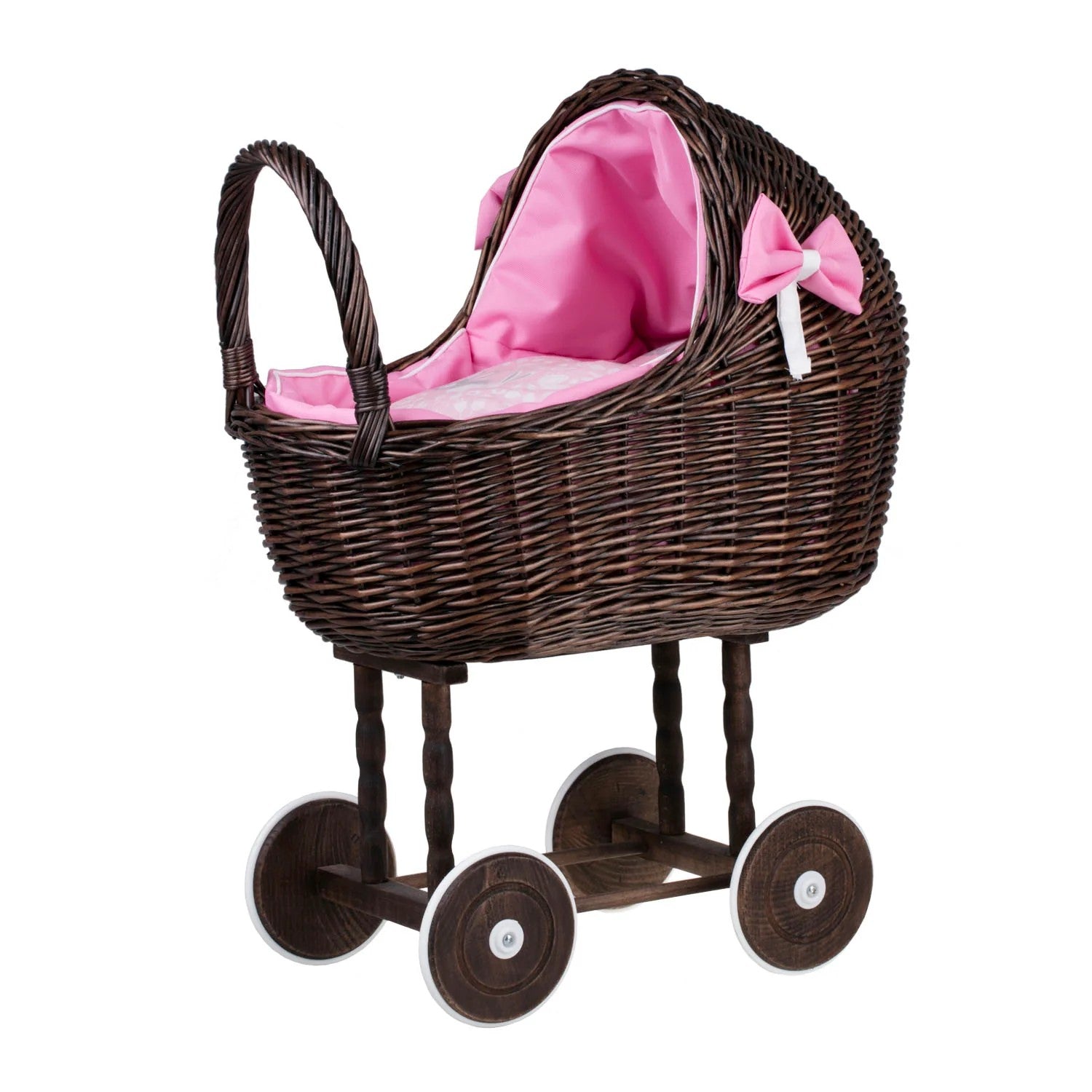 Exklusiver Weiden Puppenwagen „Lena“ Dunkle Weide – Nostalgie Holzwagen & Puppenbuggy inkl. rosa Bettset (60 cm) – Produktbild 4