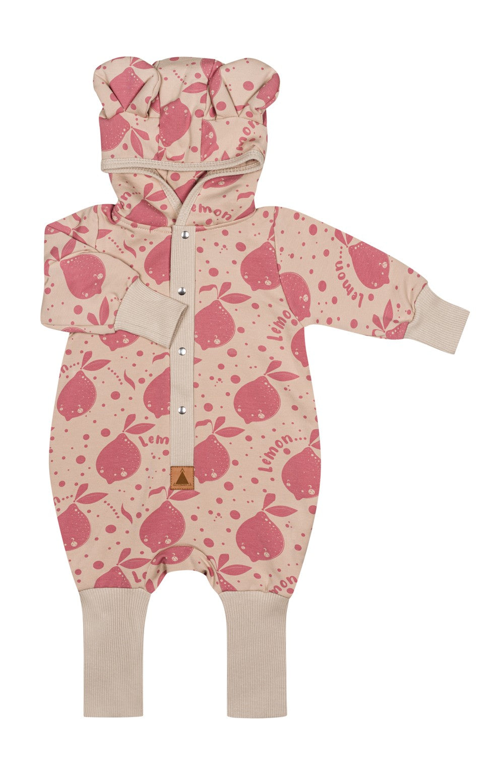 Jumpsuit mit Ohren für Babys & Kinder – Beige mit Zitronen Overall mit Kapuze und Ohren