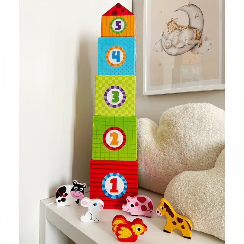Montessori Stapelwürfel aus Holz für Kinder – Bauernhof Stapelturm & Lernspielzeug Zahlen 10 Teile (Hergestellt in Europa) – Produktbild 3