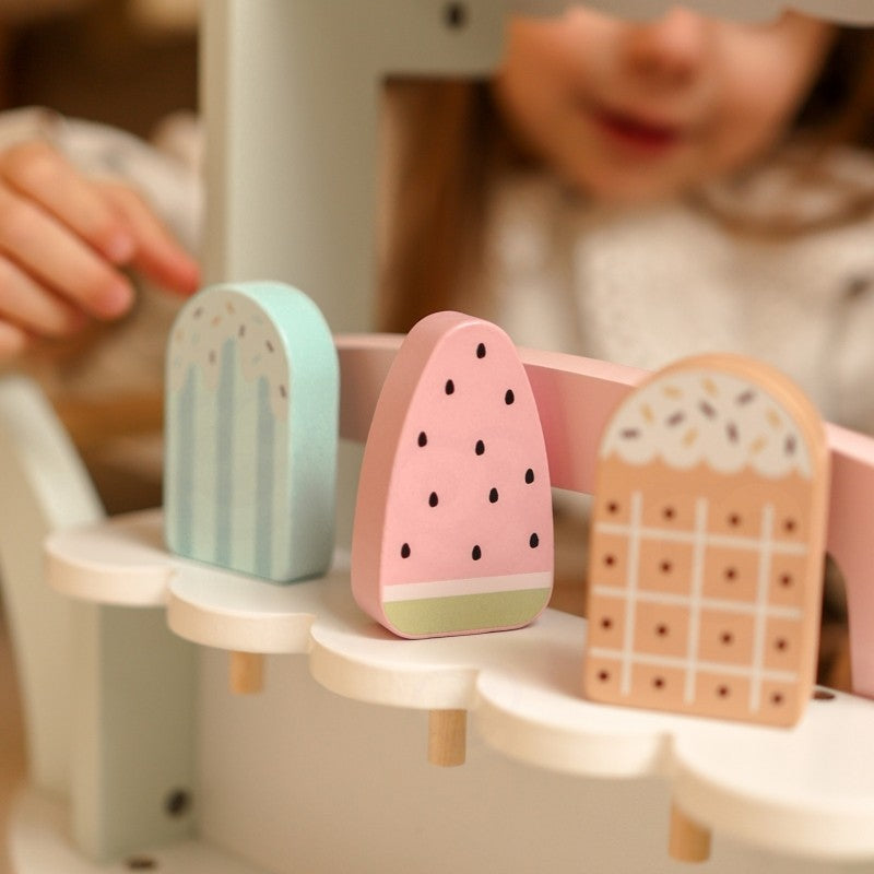 Montessori Eiswagen aus Holz XXL – 3-in-1 Eisstand Pastell mit Magnet-Eiskugeln FSC – Produktbild 2