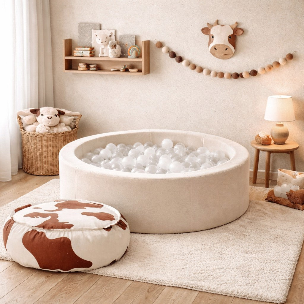 Rundes Schaumstoff-Bällebad 90x30 cm Kuhmuster Beige – Bällepool inkl. 200 Bällen