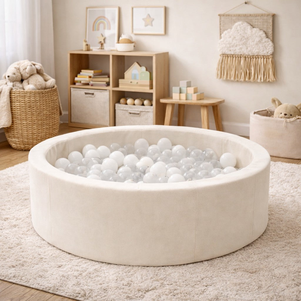 Rundes Schaumstoff-Bällebad 90x30 cm Kuhmuster Beige – Bällepool inkl. 200 Bällen