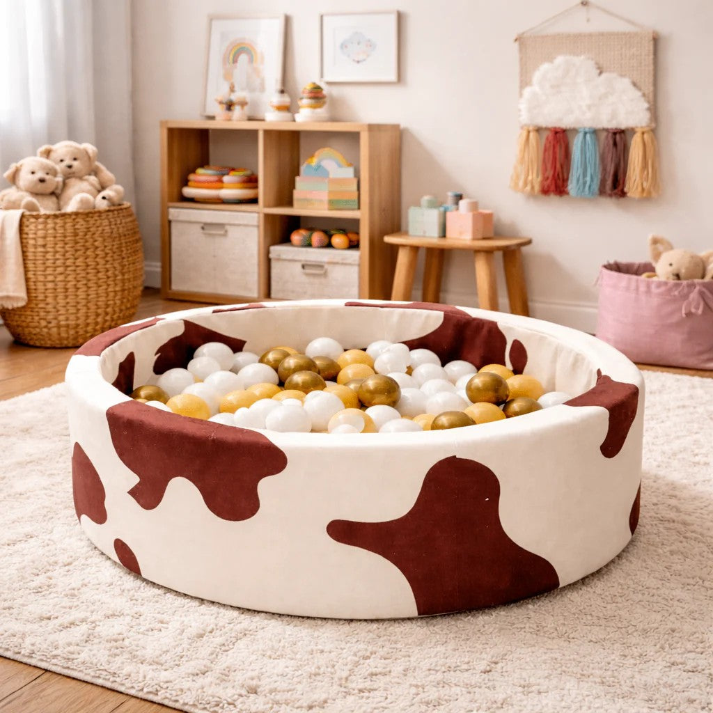 Rundes Schaumstoff-Bällebad 90x30 cm Kuhmuster – Bällepool inkl. 200 Bällen