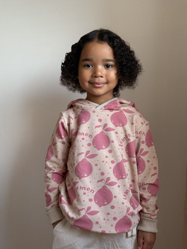 Kinder-Hoodie Beige mit Zitronen mit Ohren – Baumwoll-Hoodie mit Kapuze für Kinder