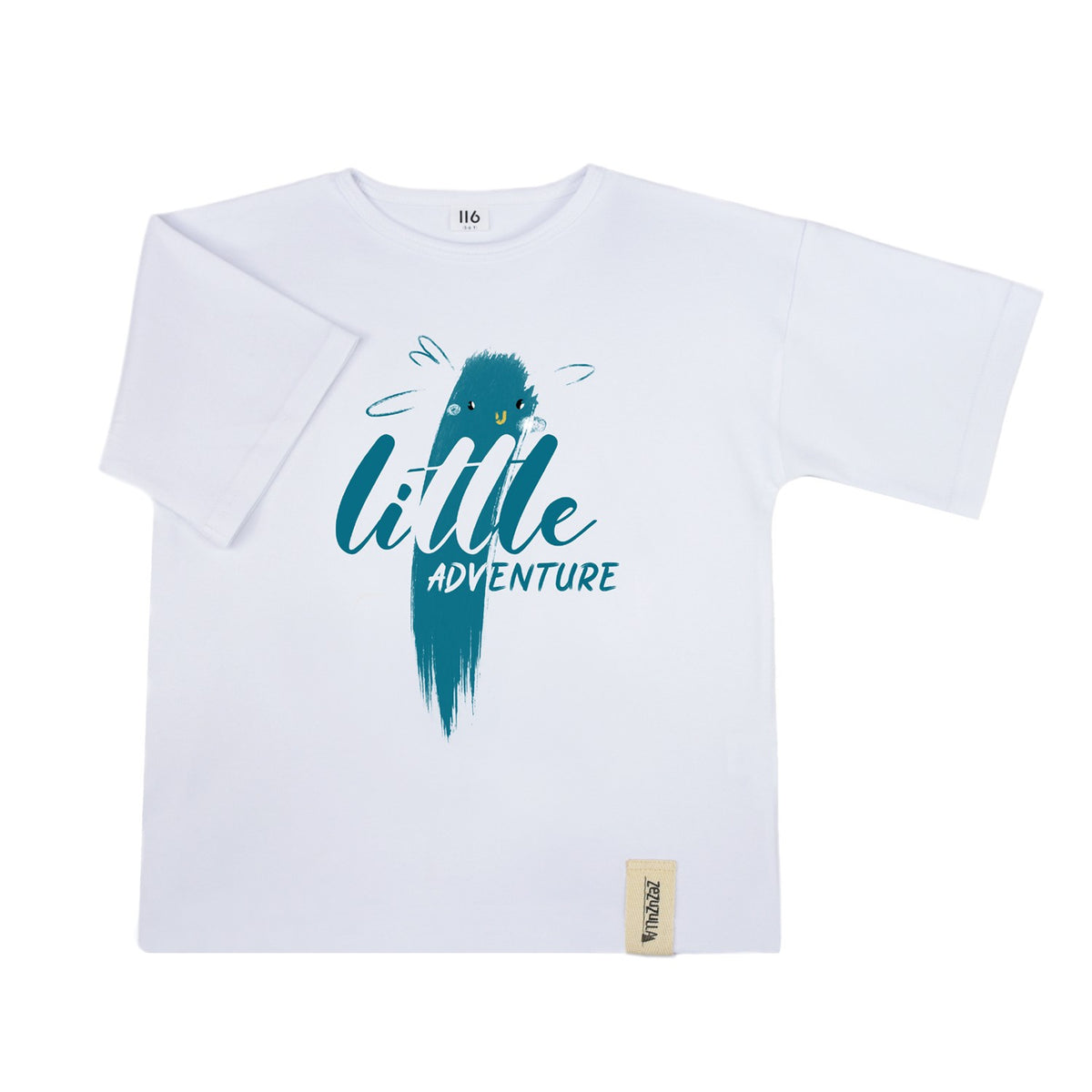 Kinder T-Shirt „Little Adventure“ aus OEKO-TEX Baumwolle – weißes Kurzarmshirt mit Schriftzug – Produktbild 2