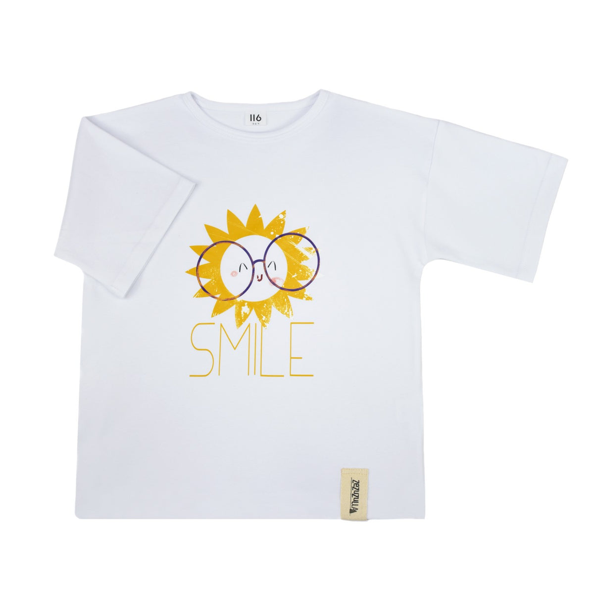 Kinder T-Shirt „Smile“ aus OEKO-TEX Baumwolle – weißes Kurzarmshirt mit Sonnen-Print – Produktbild 2