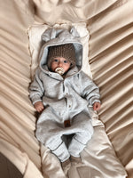Baby-Jumpsuit Melange-Grau mit Ohren – Baumwoll-Overall für Herbst und Winter
