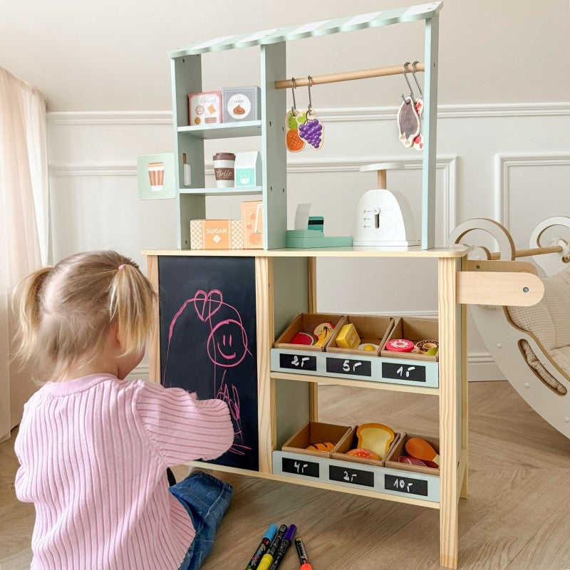 Montessori Food Truck & Kaufladen aus Holz – großer Minimarkt Verkaufsstand 73 Teile FSC – Produktbild 1