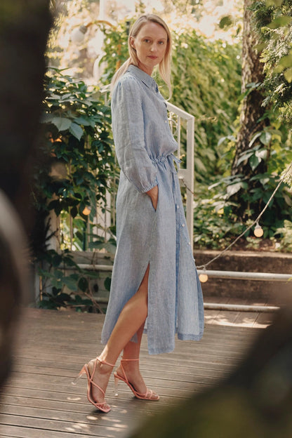 Linen Rhapsody Dress - Blue White Stripes