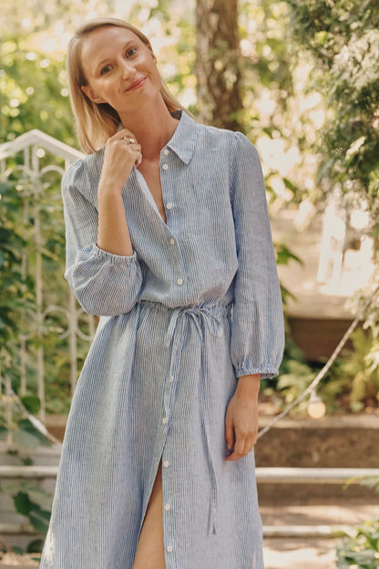 Linen Rhapsody Dress - Blue White Stripes