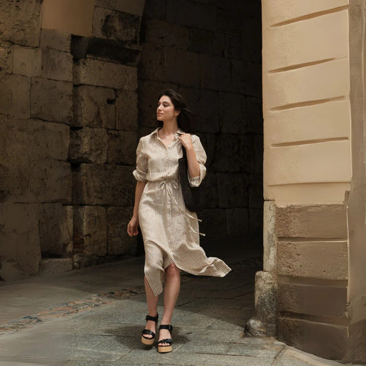 Linen Rhapsody Dress - Bronze White Stripes