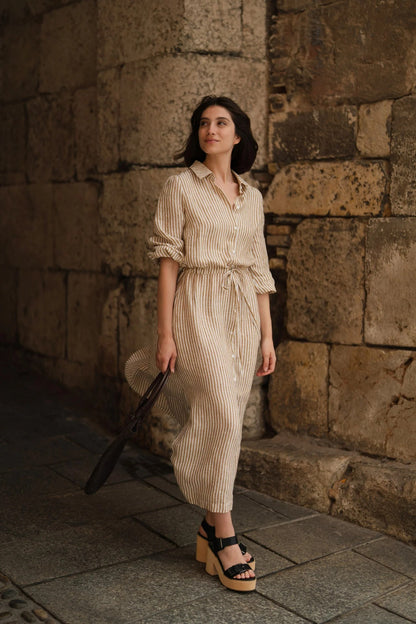 Linen Rhapsody Dress - Bronze White Stripes