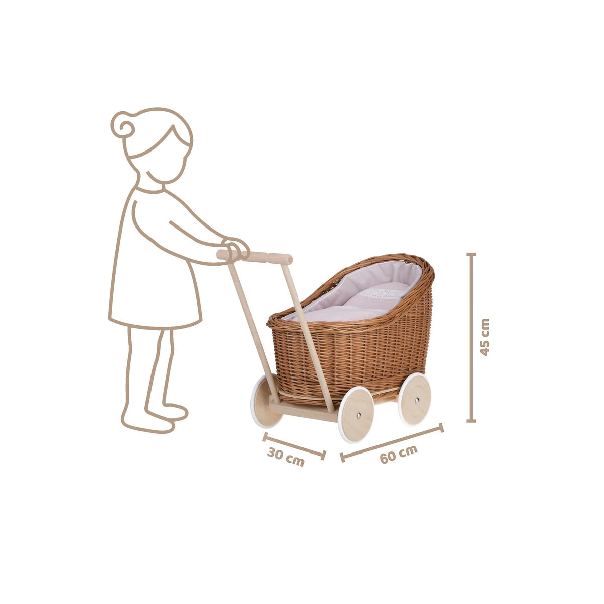 Luna Weiden-Puppenwagen 1330-03 mit rosa Rand, Decke und Kissen – Produktbild 4