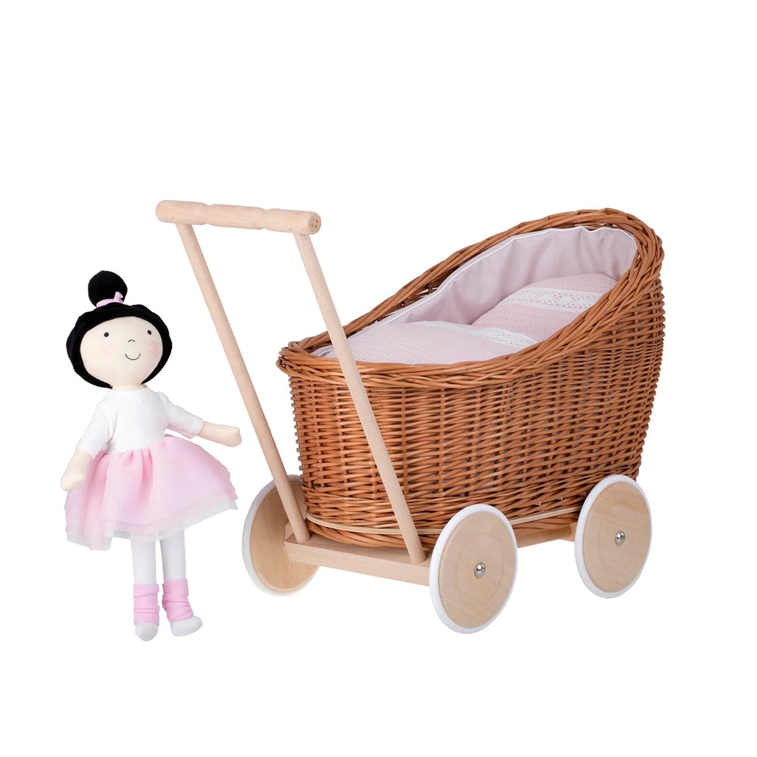 Luna Weiden-Puppenwagen 1330-03 mit rosa Rand, Decke und Kissen – Produktbild 1