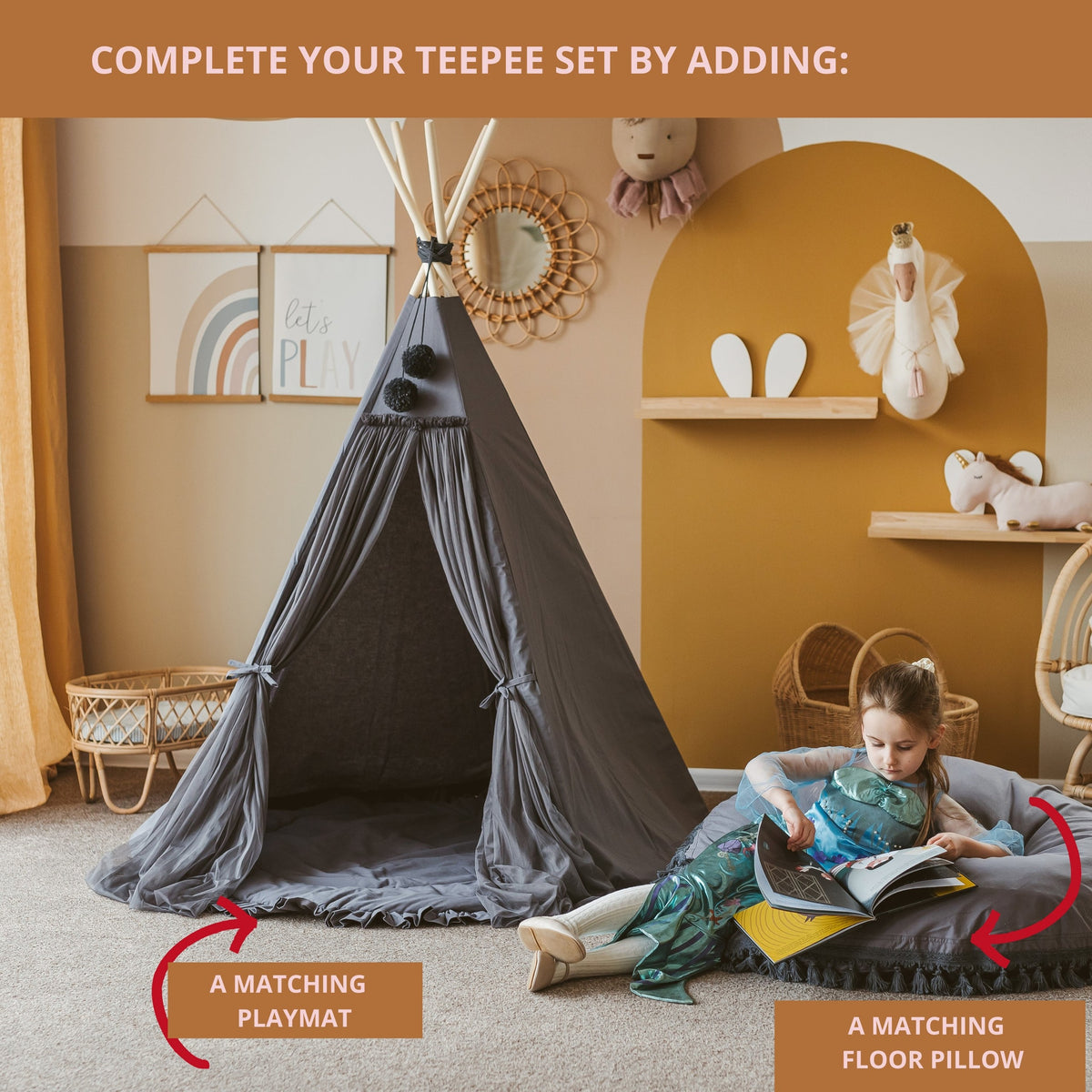 Fairy Kids Play Tent with Tulle – Grey