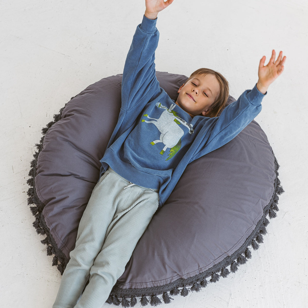 Large Floor Cushion with Tassels – Grey, 100 cm