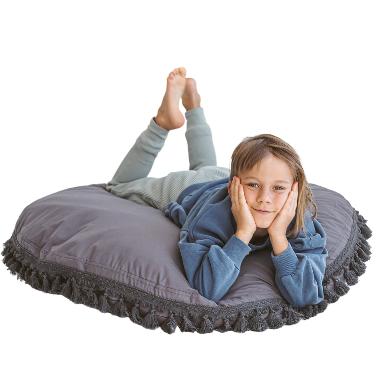 Large Floor Cushion with Tassels – Grey, 100 cm