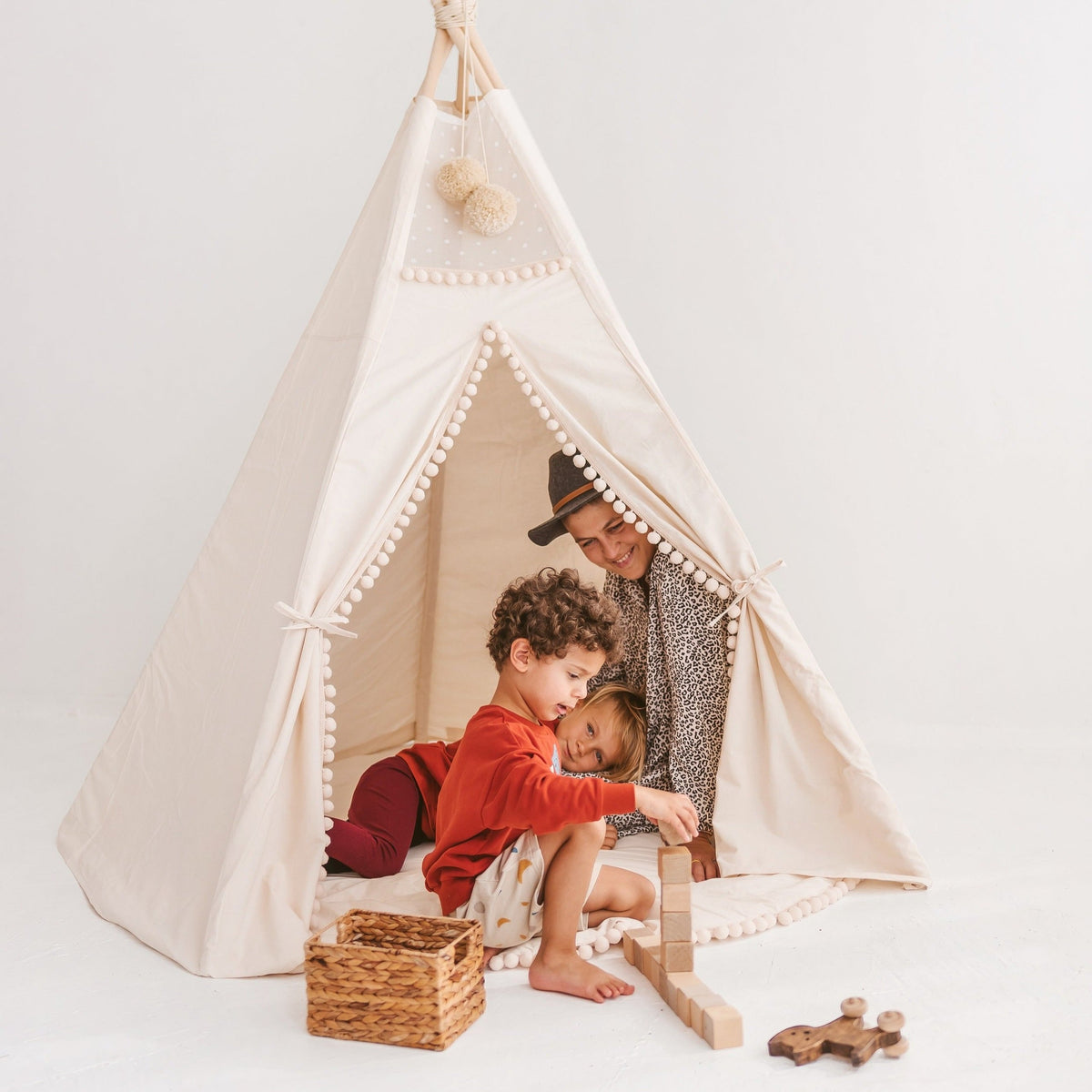 XL Indoor Teepee Tent with Pompoms – Ecru