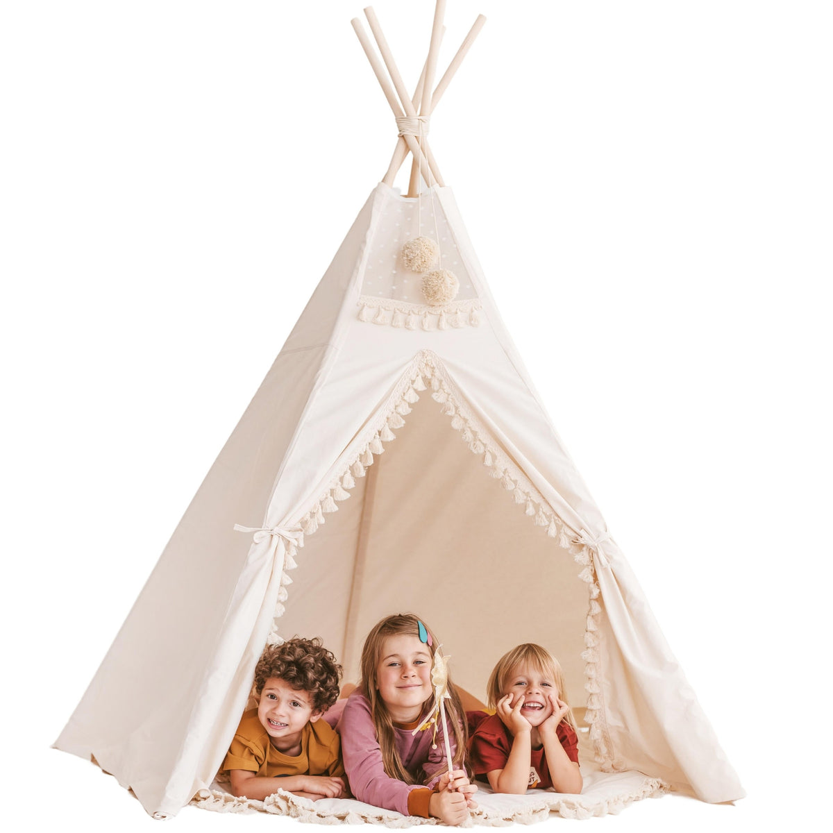 XL Indoor Teepee Tent with Tassels – Ecru