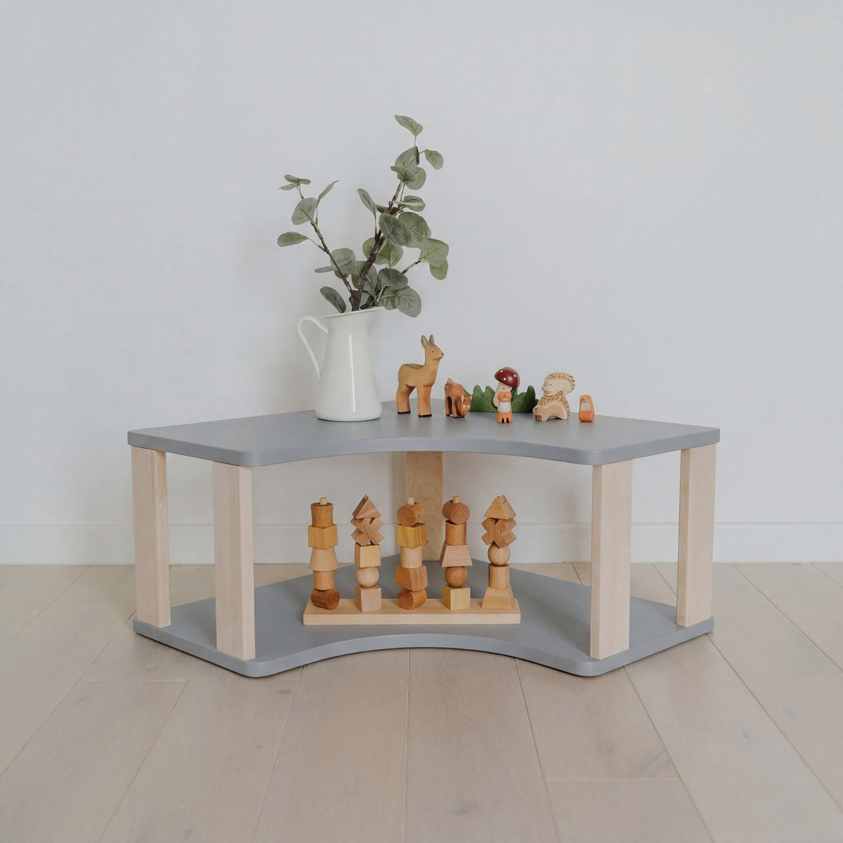 Modulares Montessori-Eckregal, 2 Ebenen – Hellgrau/Klaröl – Produktbild 1