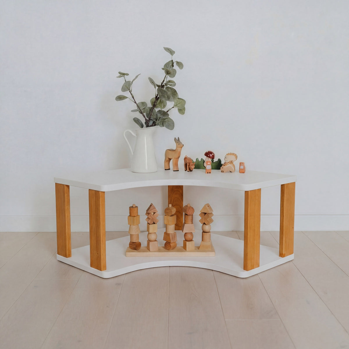 Modulares Montessori-Eckregal, 2 Ebenen – Weiß/bräunliches Öl – Produktbild 1