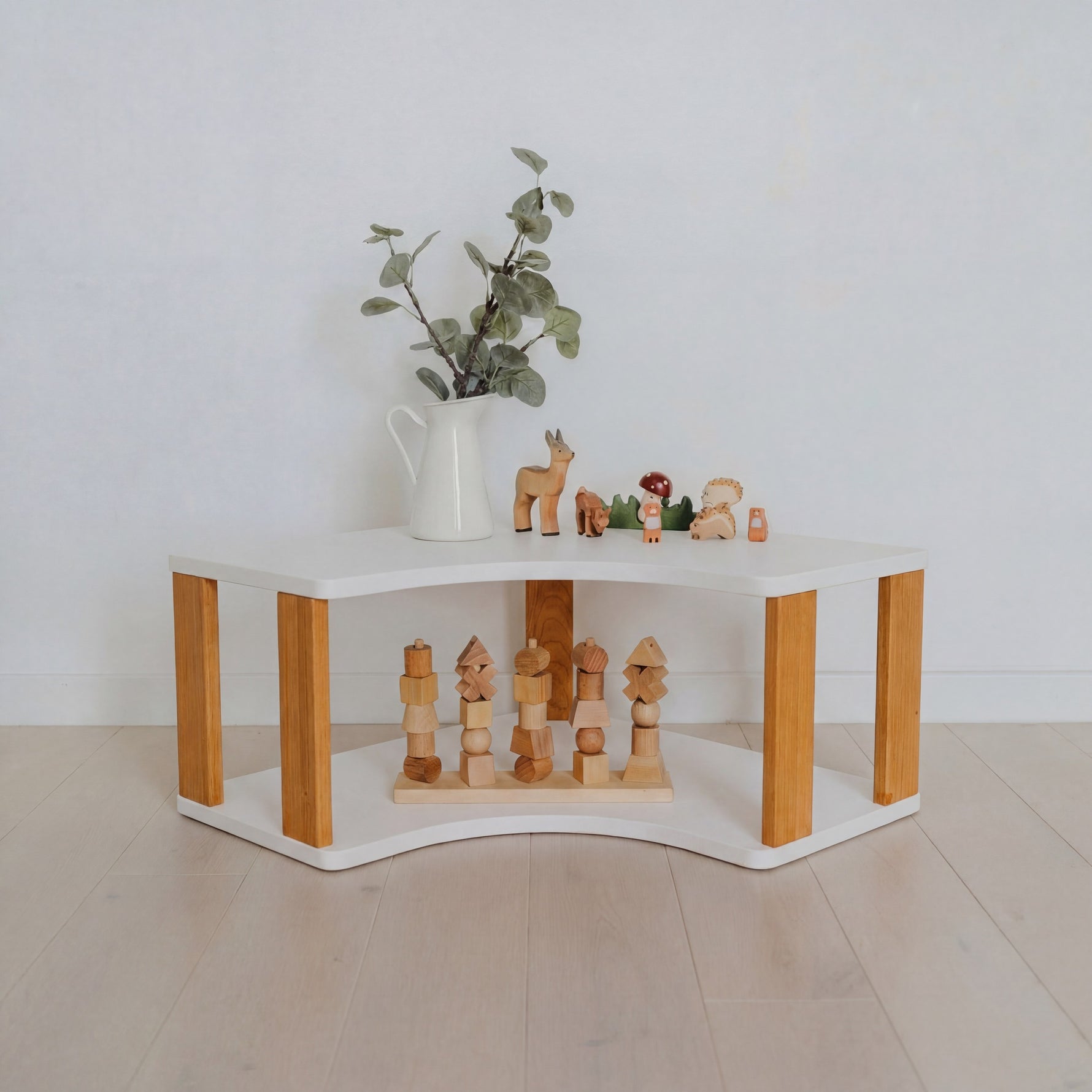 Modulares Montessori-Eckregal, 2 Ebenen – Weiß/bräunliches Öl – Produktbild 1