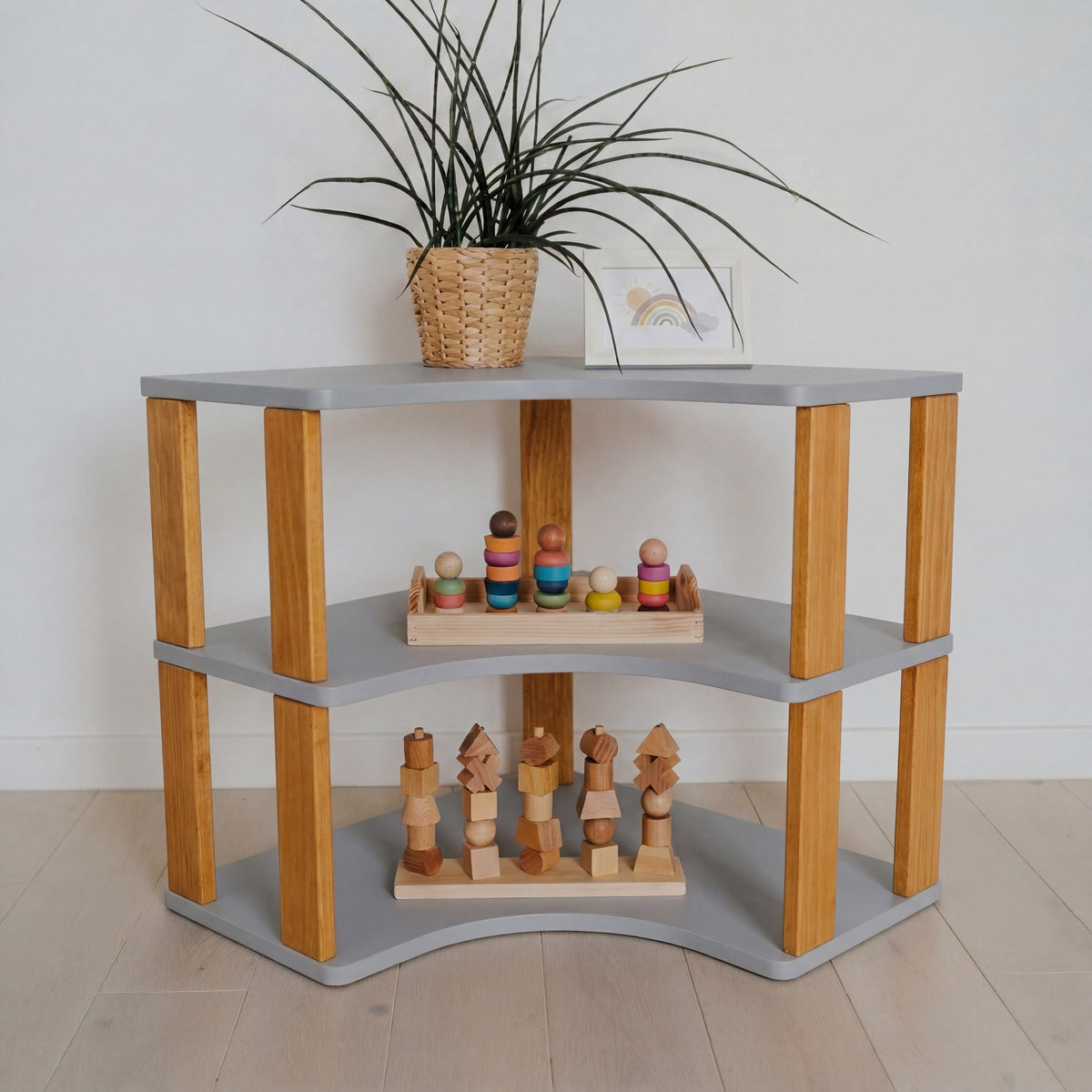 Modulares Montessori-Eckregal, 3 Ebenen – Hellgrau/bräunliches Öl – Produktbild 1