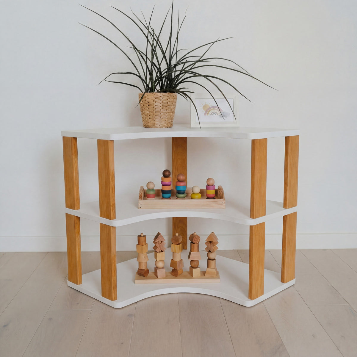 Modulares Montessori-Eckregal, 3 Ebenen – Weiß/bräunliches Öl – Produktbild 1