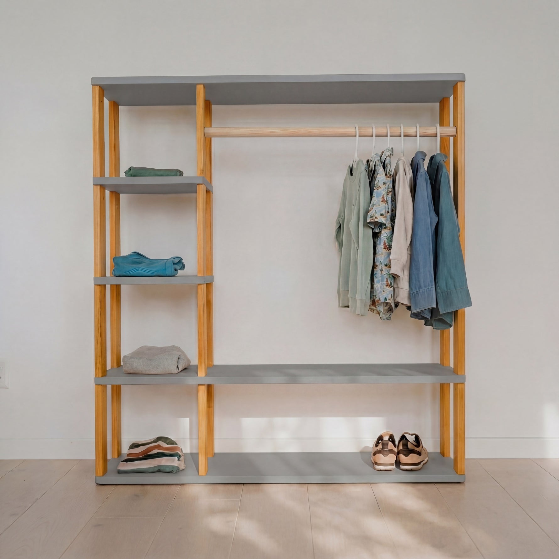 Modularer Montessori-Kleiderschrank – Hellgrau / bräunliches Öl – Produktbild 1
