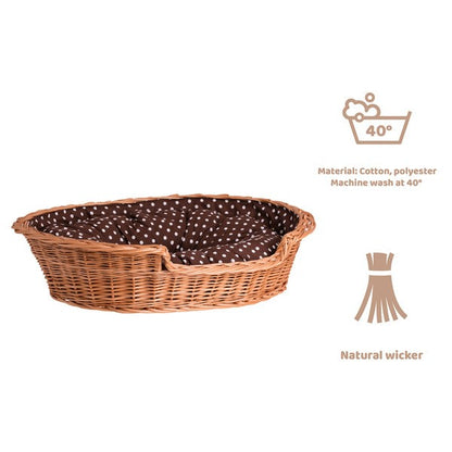 Esmira Natural Wicker Dog Bed With Polka Dot Cushion, 75x57 cm