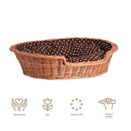 Esmira Natural Wicker Dog Bed With Polka Dot Cushion, 75x57 cm