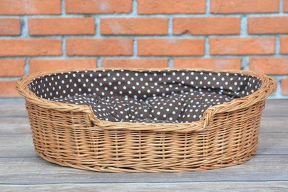 Esmira Natural Wicker Dog Bed With Polka Dot Cushion, 75x57 cm